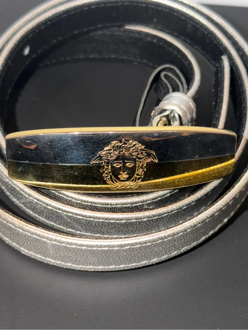 Versace Black Leather Wrap Belt with Amber Medusa Bar